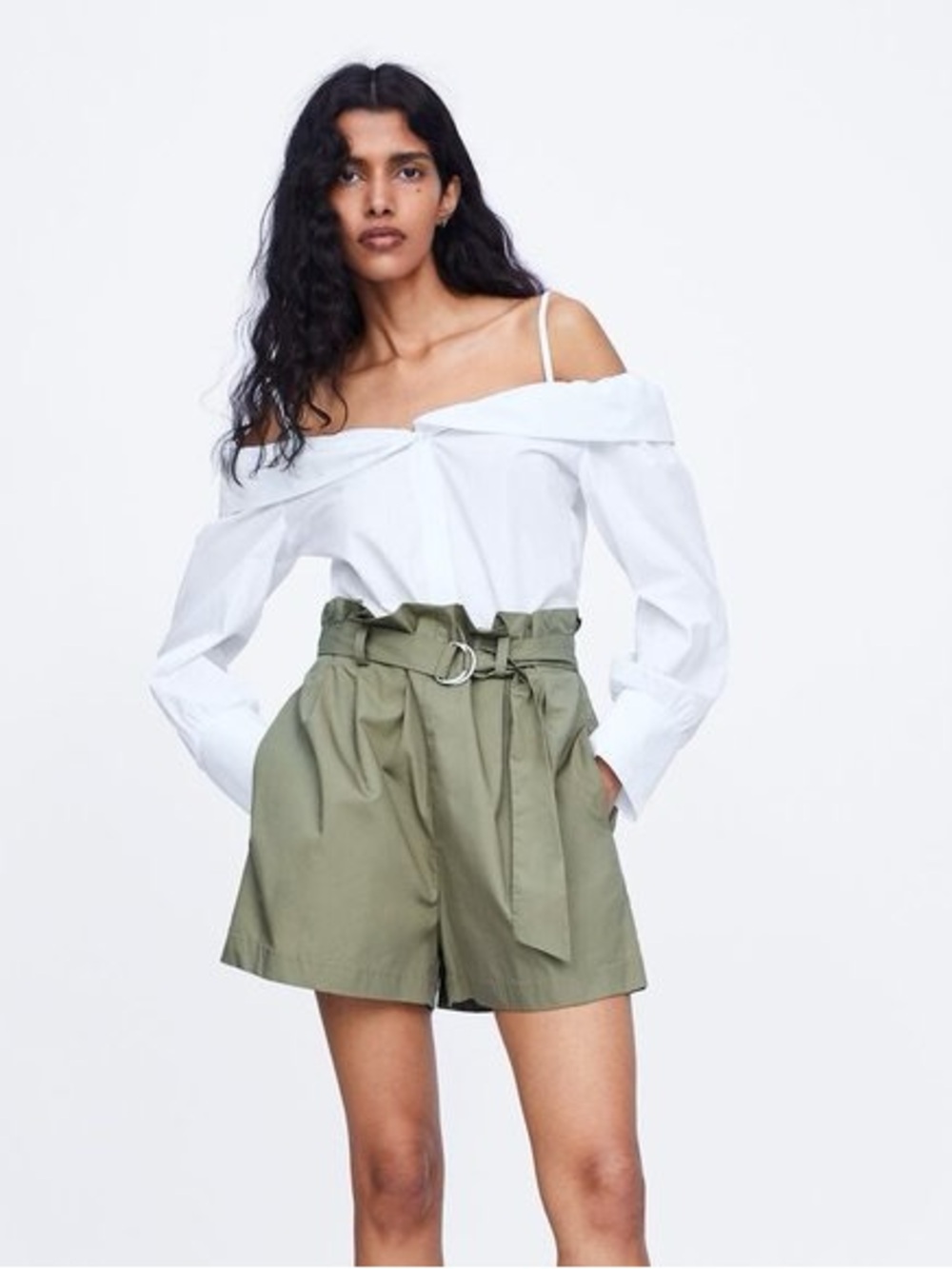 Zara High-Waist Paperbag Shorts in Olive